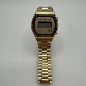 VERY RARE Vintage Authentic AMBASSADOR Digital LCD‎ Quartz Gold Wristwatch WORKS